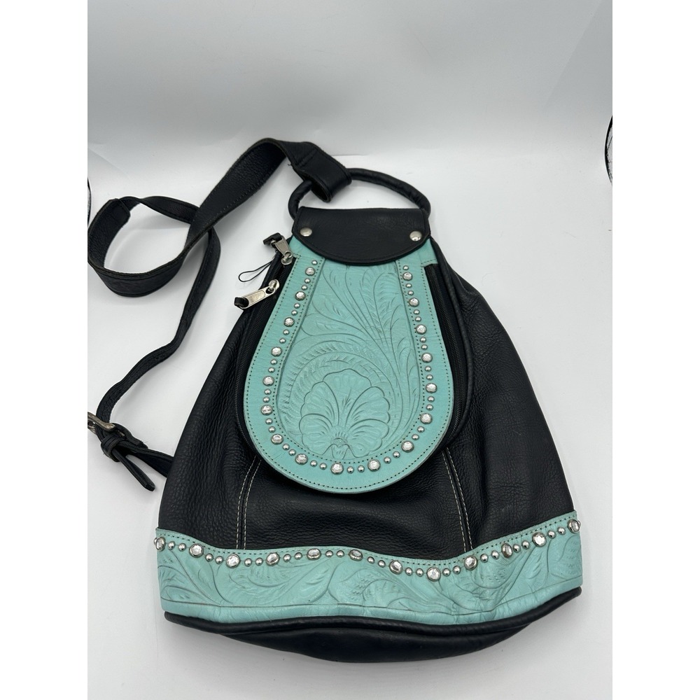 Leather Sling Backpack Purse Black Turquoise Studded Floral Tooled Boho